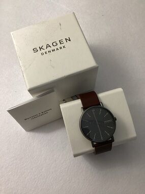 Skagen Women's Signatur Three-Hand Red Wood Leather Strap Watch, 40mm